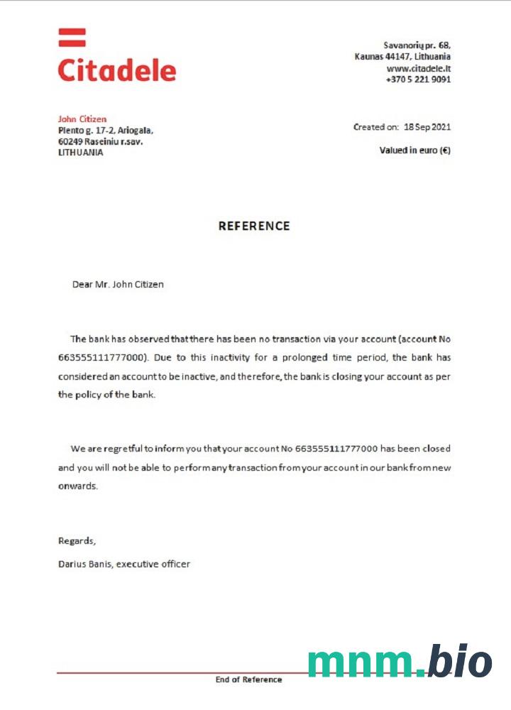 Litwa Citadele Bank zamknięcie przykład odniesienia w formatach Word i PDF